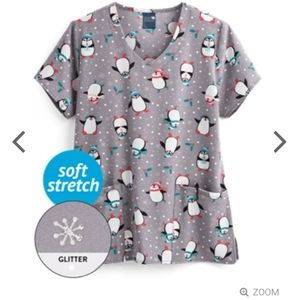 Zoe & Chloe Joyful Penguins V-Neck Print Scrub Top